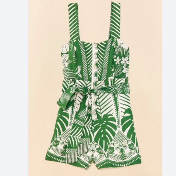 Farm Rio Green and White Tropical Jumpsuit Romper Size Medium NWT - Picture 2 of 15